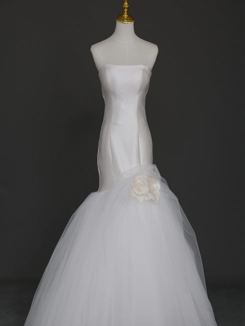Tulle Mermaid Wedding Gown - Strapless Wedding Dress with Tulle Skirt - Satin Wedding Dress with Floral Detail Plus Size